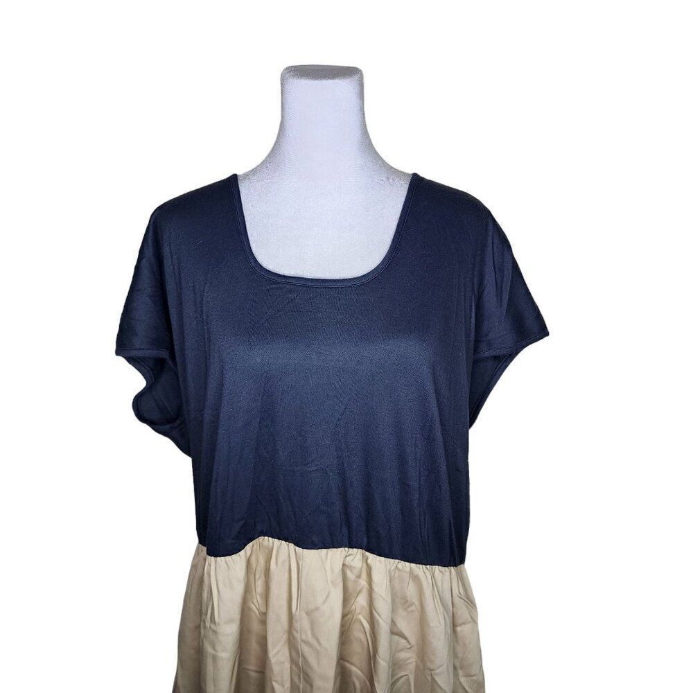 Vintage 80s Cap Sleeve Drop Waist Two Tone Dress Womens Size 2XL Khaki Black - Picture 2 of 6
